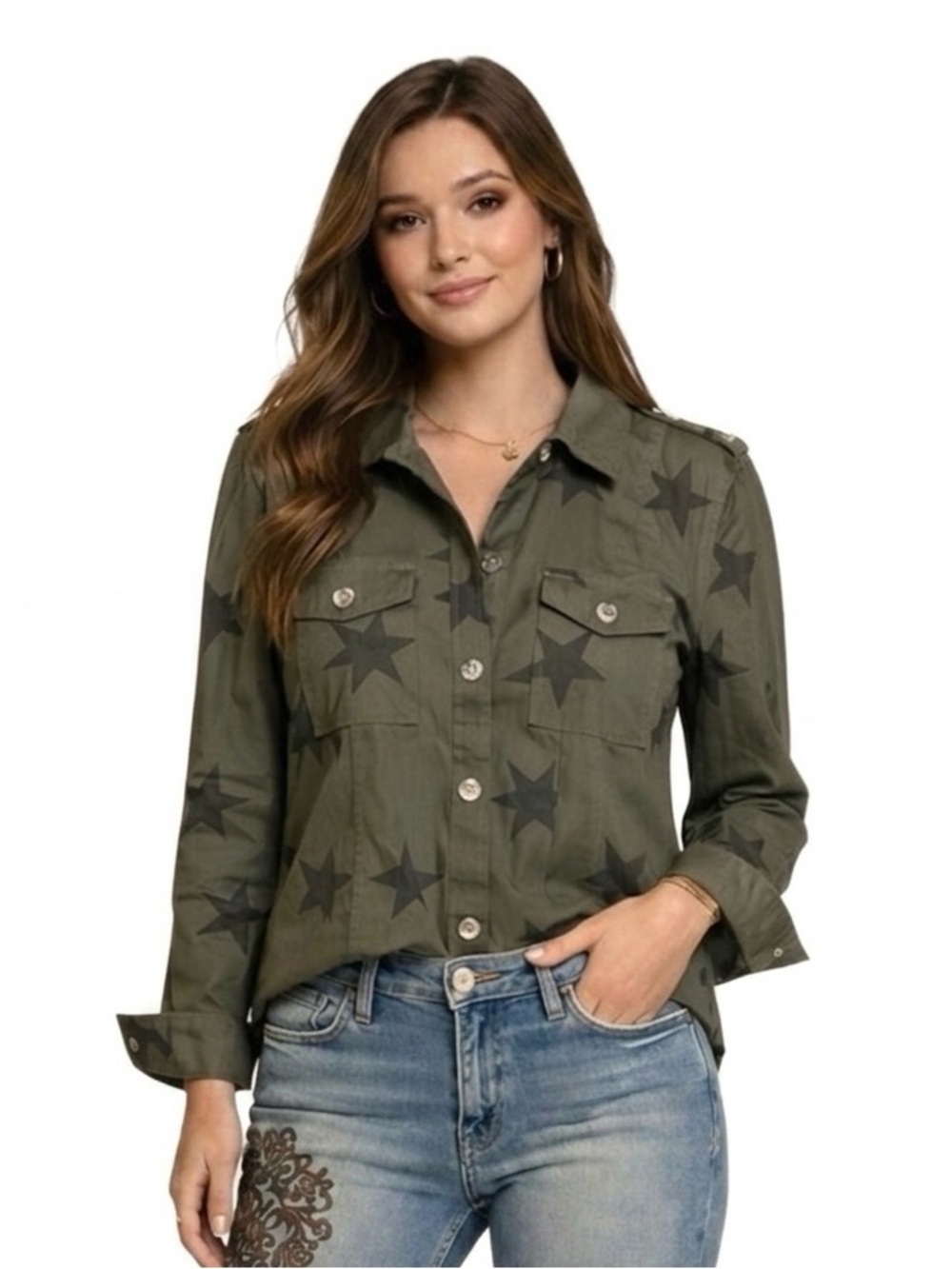 NWOT Knox Rose Army Green Star Button-Up Shirt - Picture 1 of 10